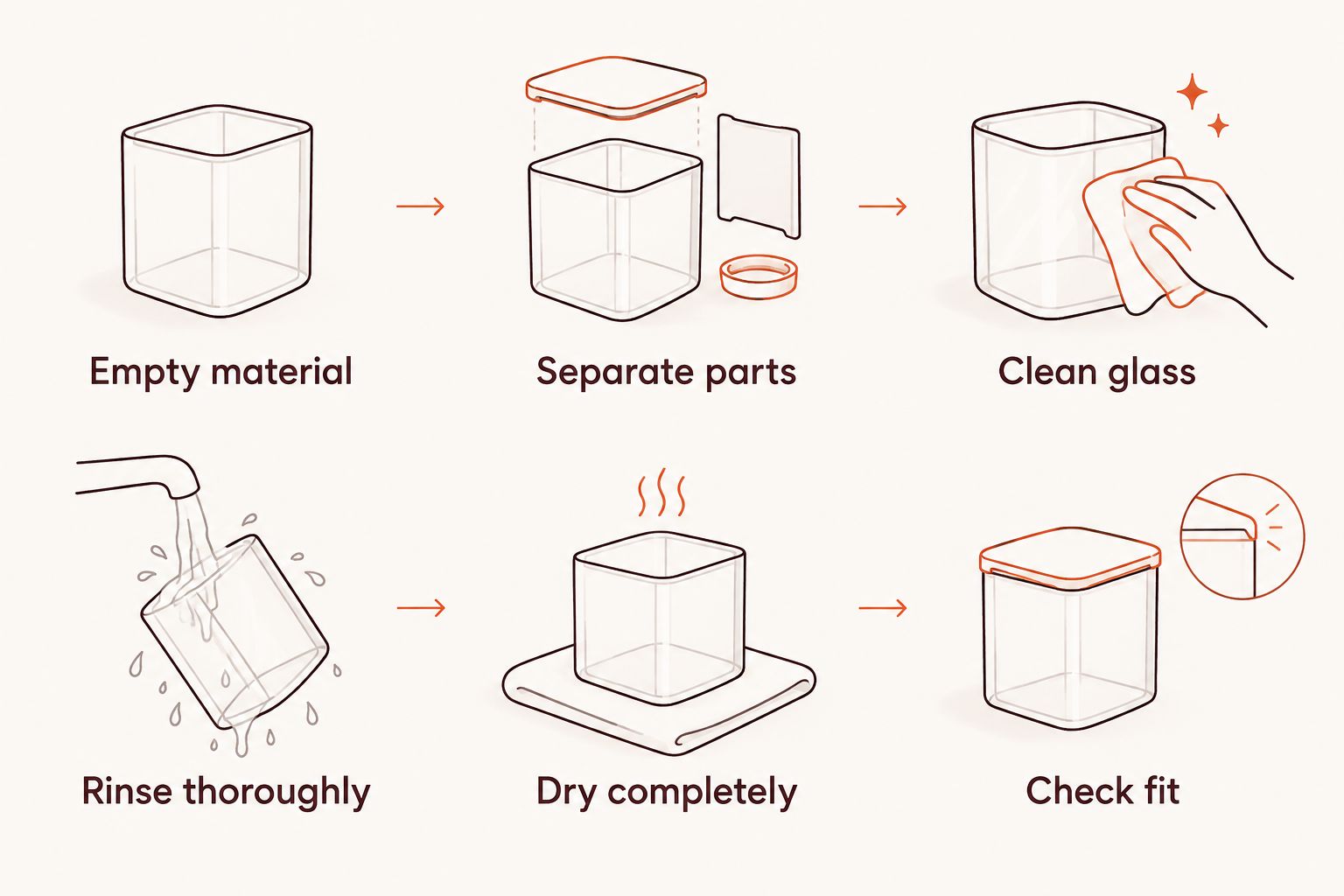 Sequence for emptying, cleaning, rinsing, drying and checking a glass blunt
