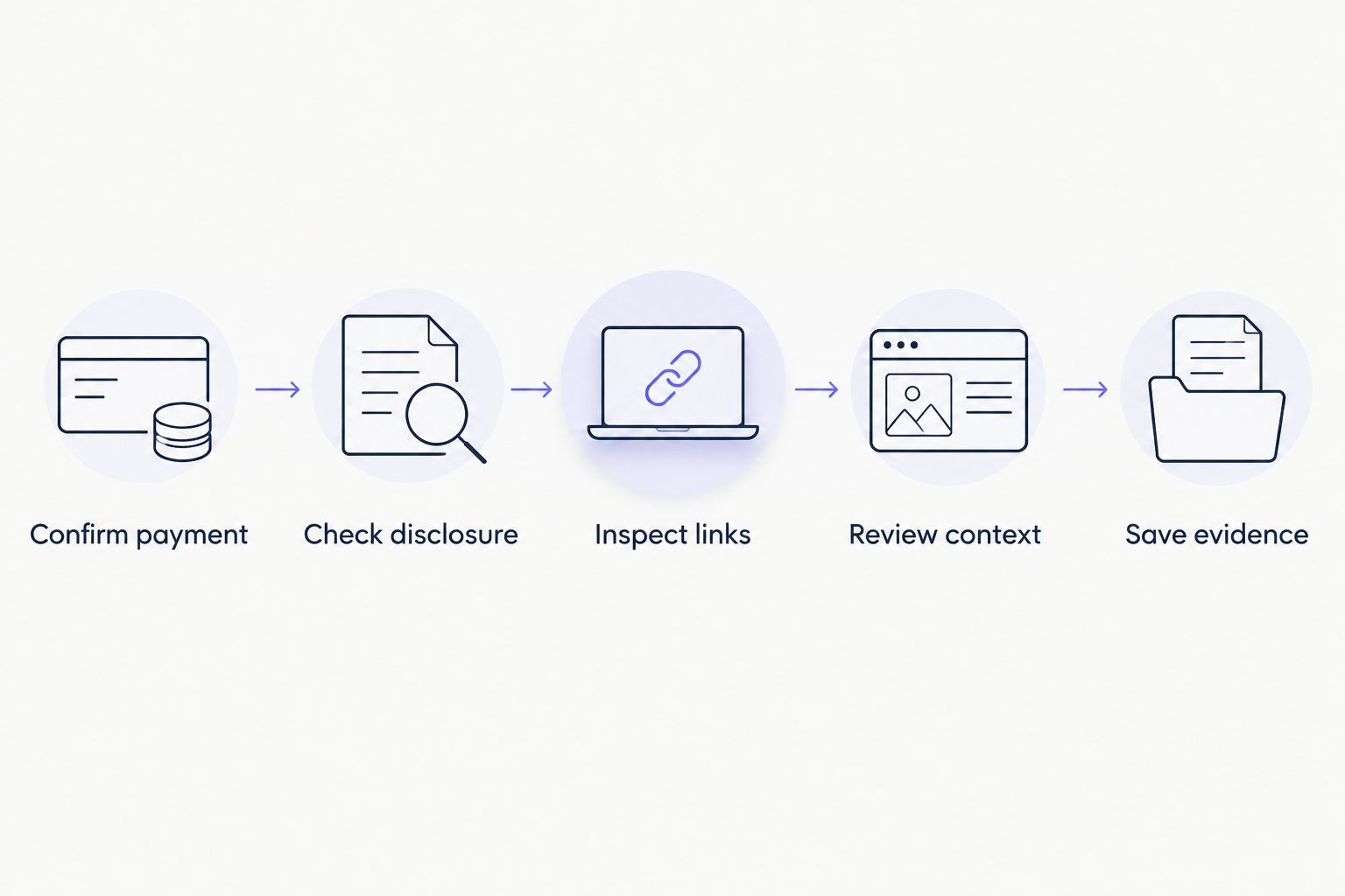 Five review steps covering payment, disclosure, links, context, and evidence