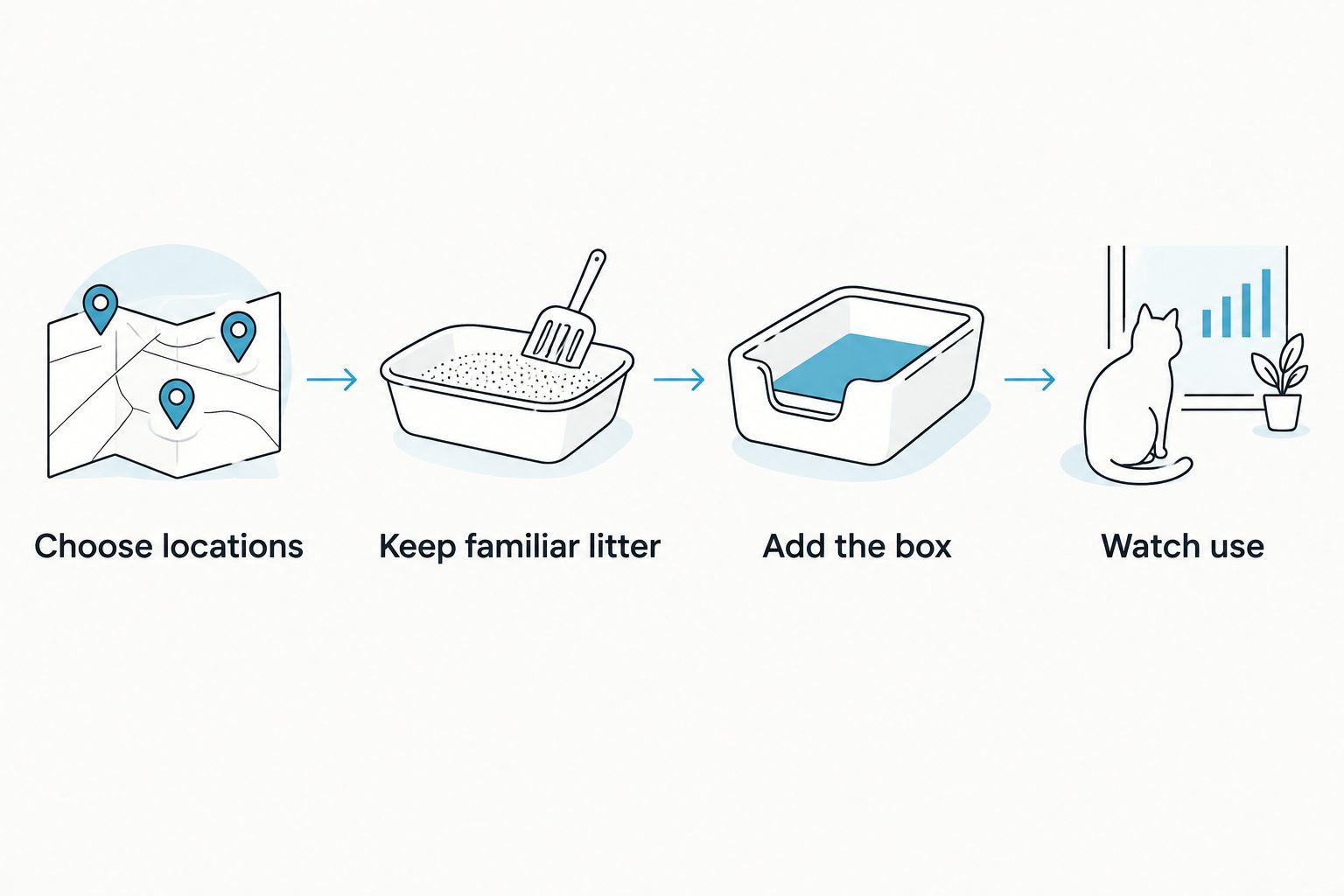 Four steps for introducing a litter box while keeping familiar litter and observing use