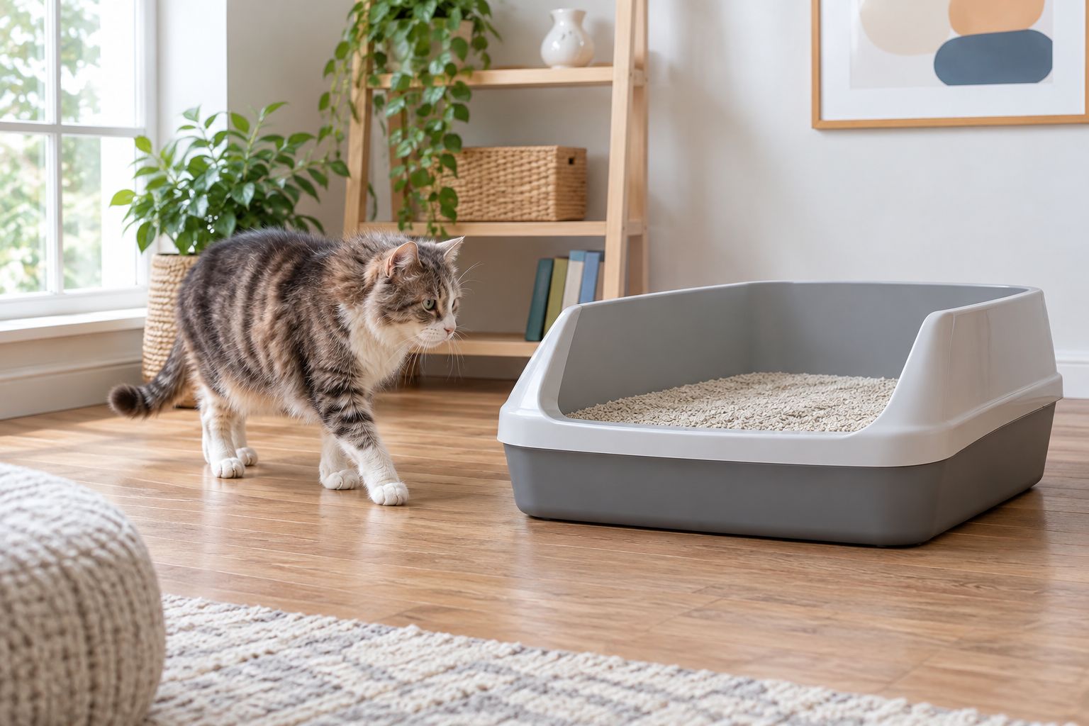 Senior cat approaching a roomy litter tray with a shallow entrance and a clear path