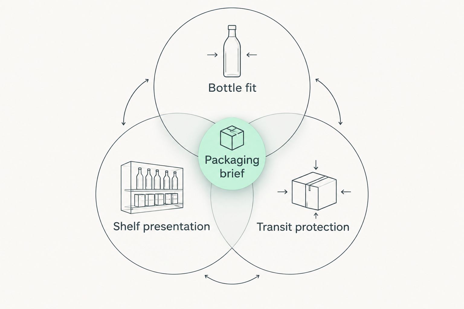 Overlapping bottle fit, shelf presentation, and transit protection considerations