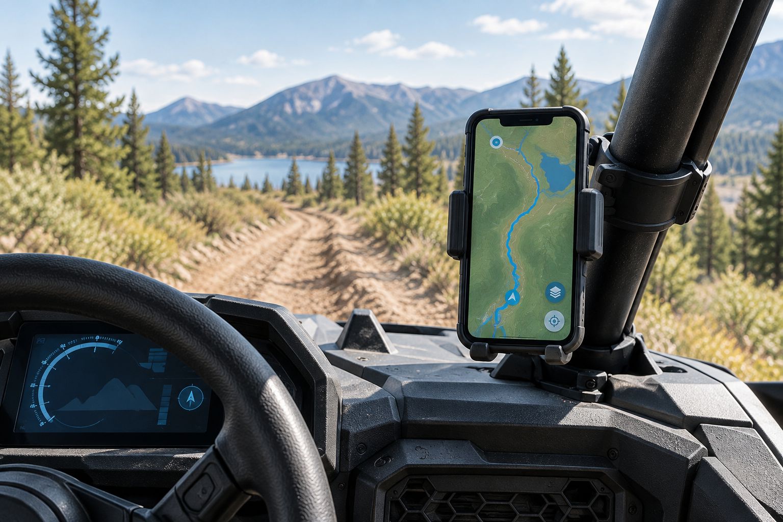 Phone mounted on a UTV roll cage clamp near the dash