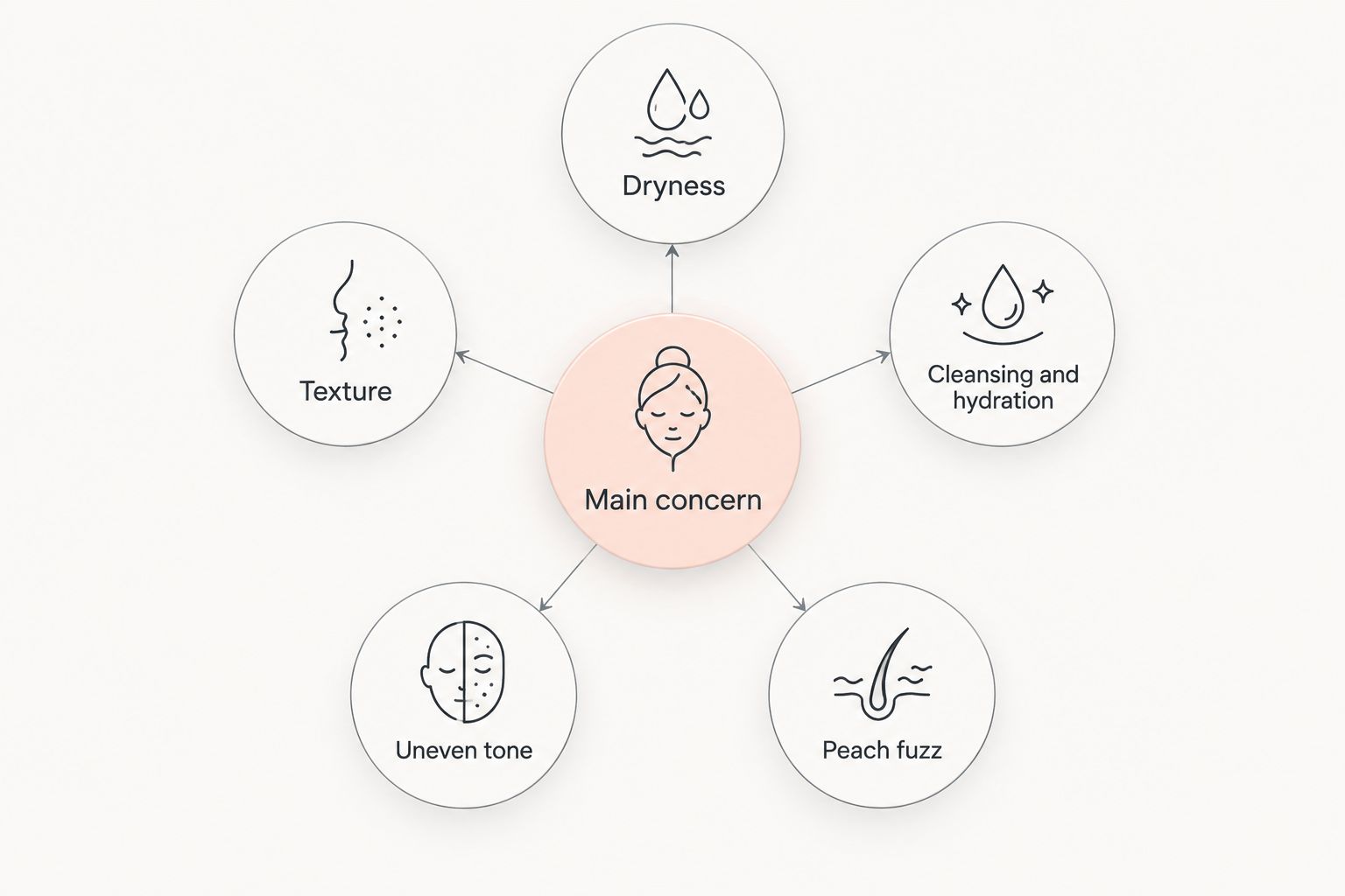 Five facial-treatment concerns arranged around a main-concern hub