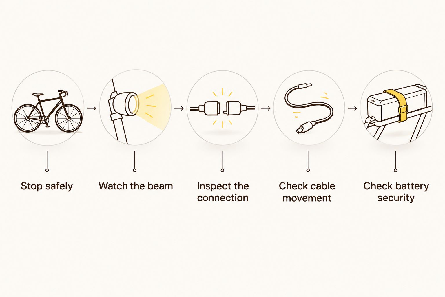 A safe checking sequence covering the beam, electrical connection, cable movement and battery security.
