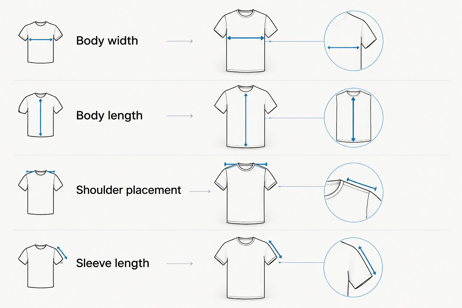 Four fit checks for an oversized tee: width, length, shoulder placement, and sleeve length.