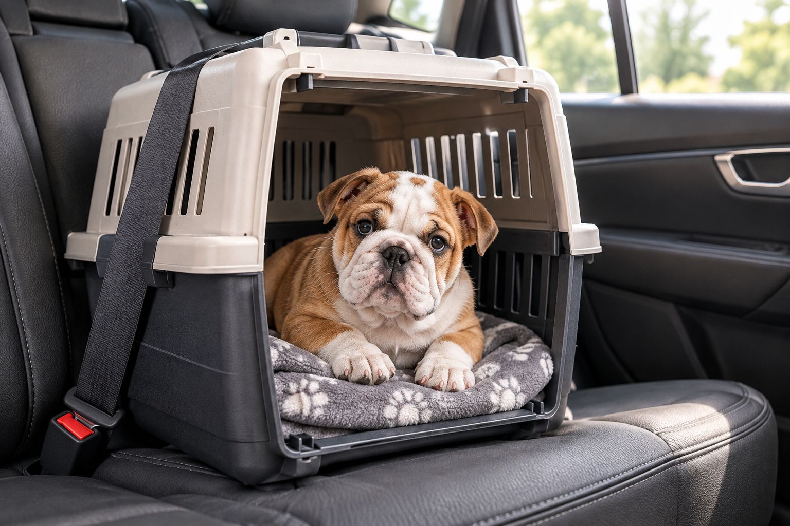 Bulldog puppy resting in a secured travel crate on a car's back seat