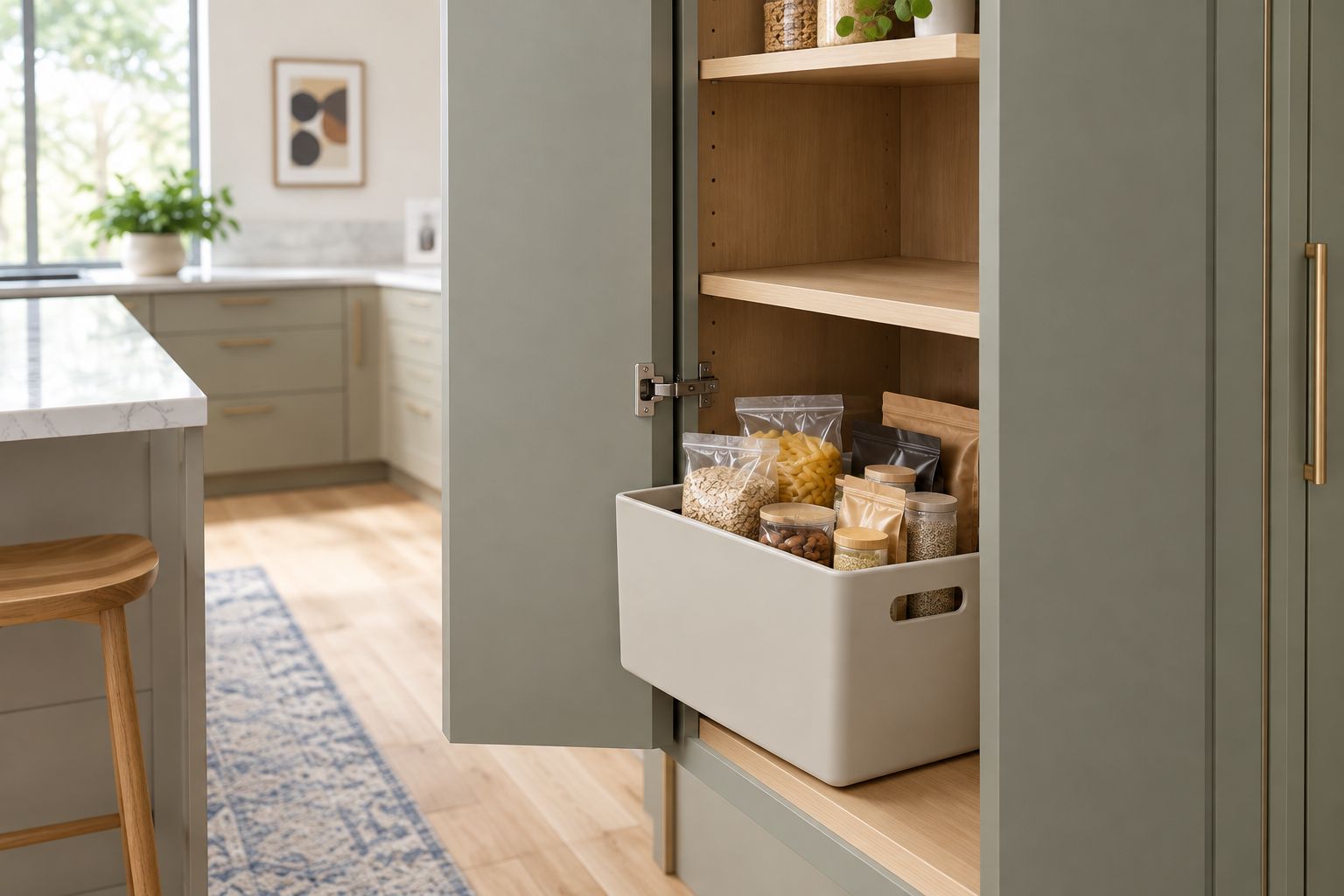 Handled bin pulled forward on a pantry shelf beside an open cabinet door