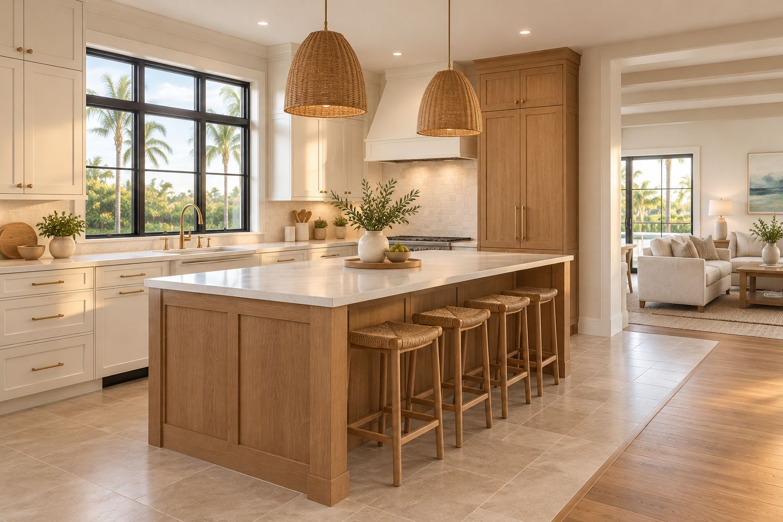 Kitchen showing coordinated cabinet finishes, tile flooring, and a transition into an adjoining room
