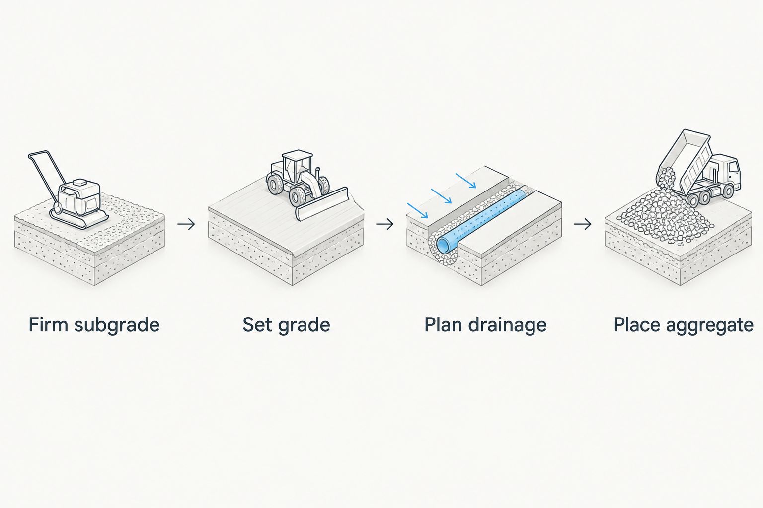 Driveway base sequence from preparing the subgrade through placing aggregate