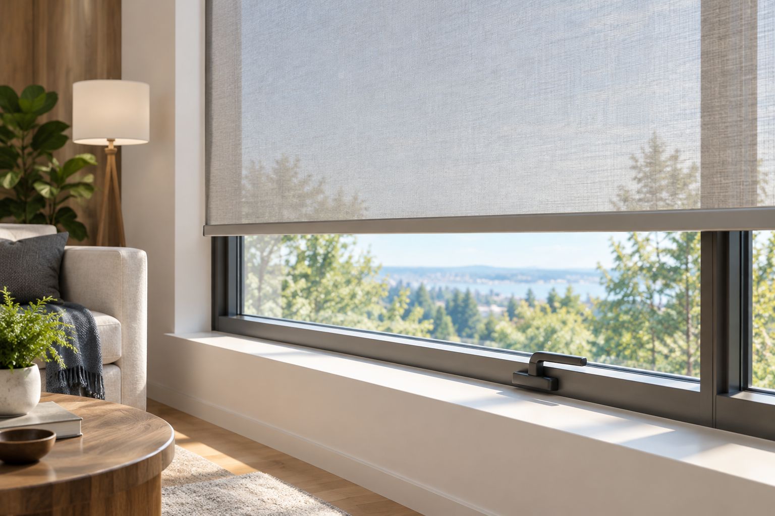 Roller shade with clear space around the window handle and sill