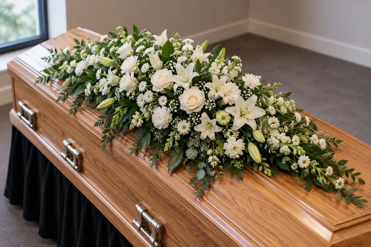 An elongated mixed-flower spray placed lengthways on a closed wooden coffin
