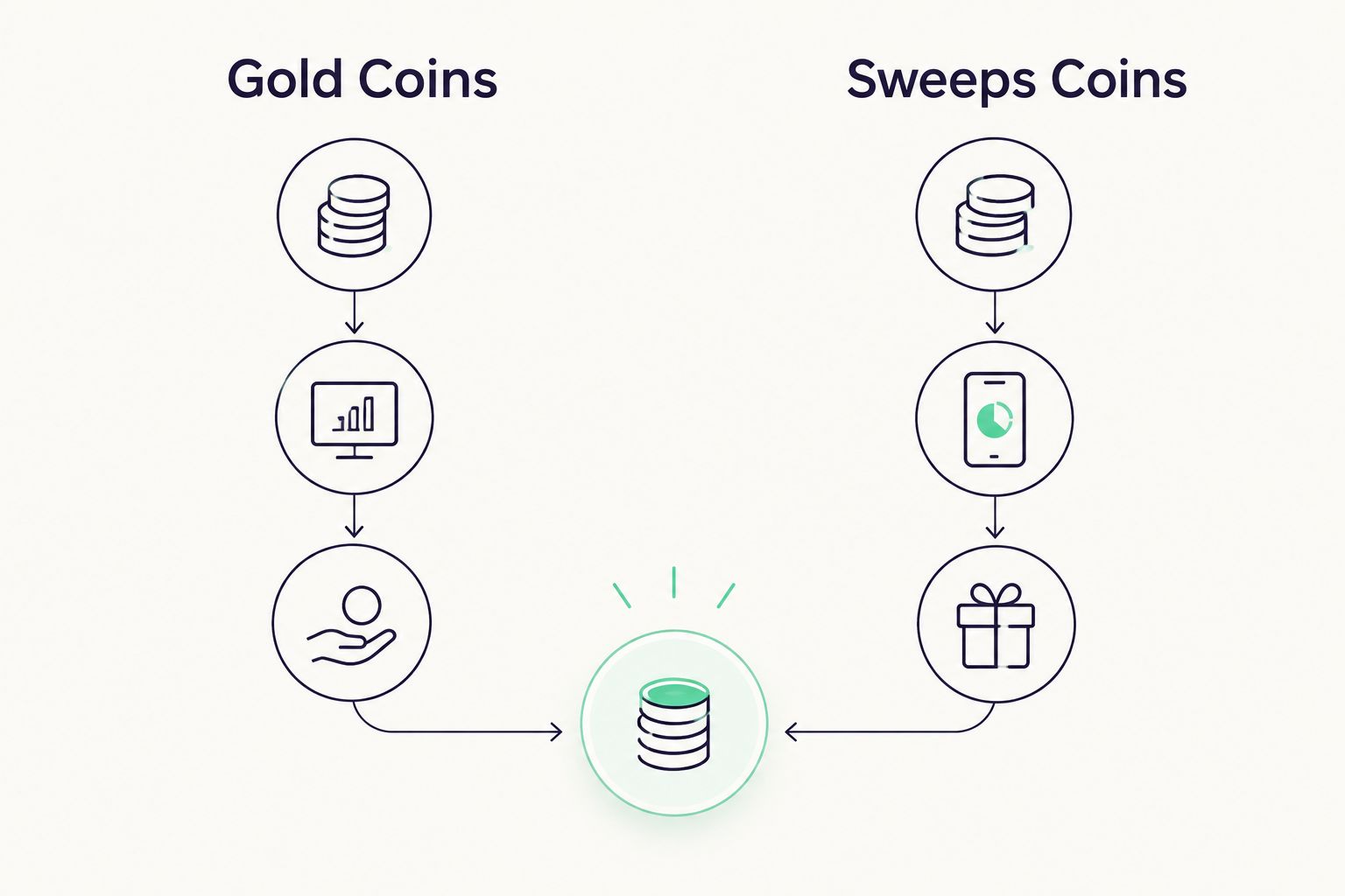 Two-column comparison of Gold Coins and Sweeps Coins in a sweepstakes casino wallet