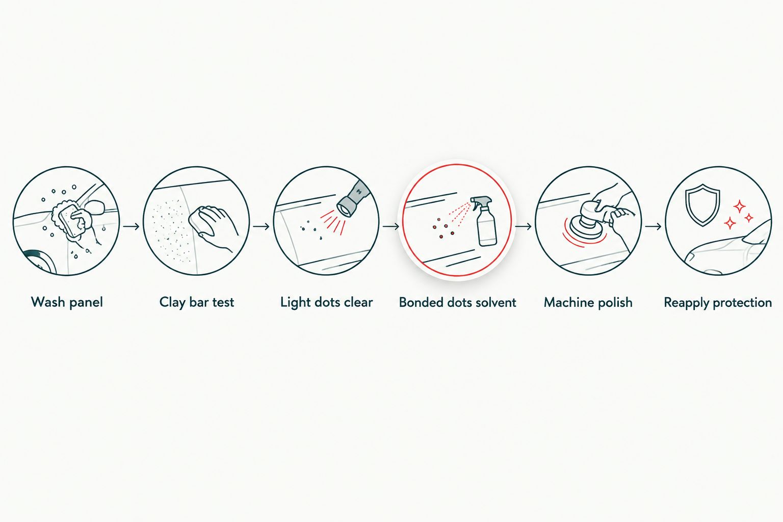 Six step sequence for removing overspray paint dots from a car