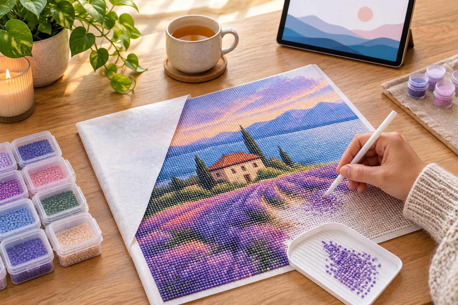 Diamond painting workspace with a covered canvas, grooved tray, stylus, and closed drill containers.
