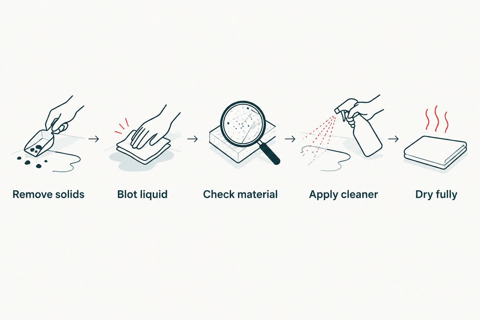 Five-step process for cleaning a spill beneath a child car seat