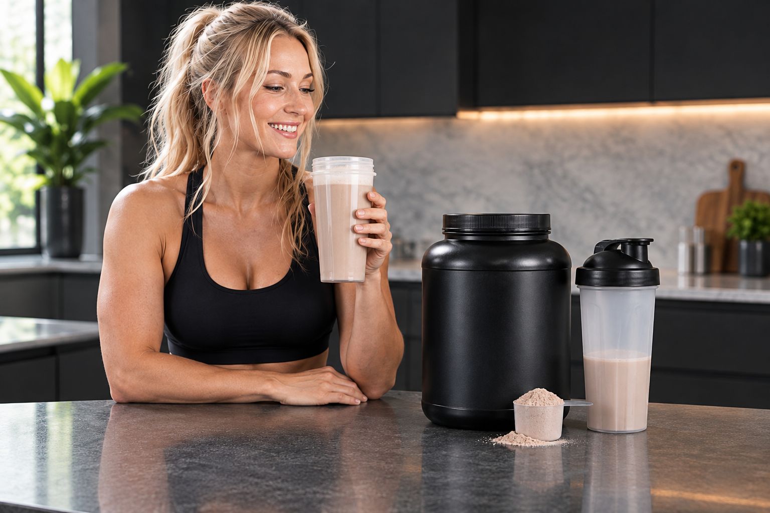 Protein powder, shaker, and prepared drink on a kitchen counter