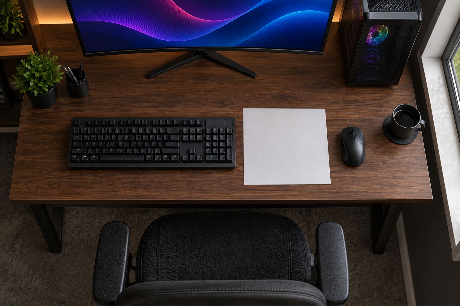 Paper template beside a keyboard tests mouse pad space on a compact desk