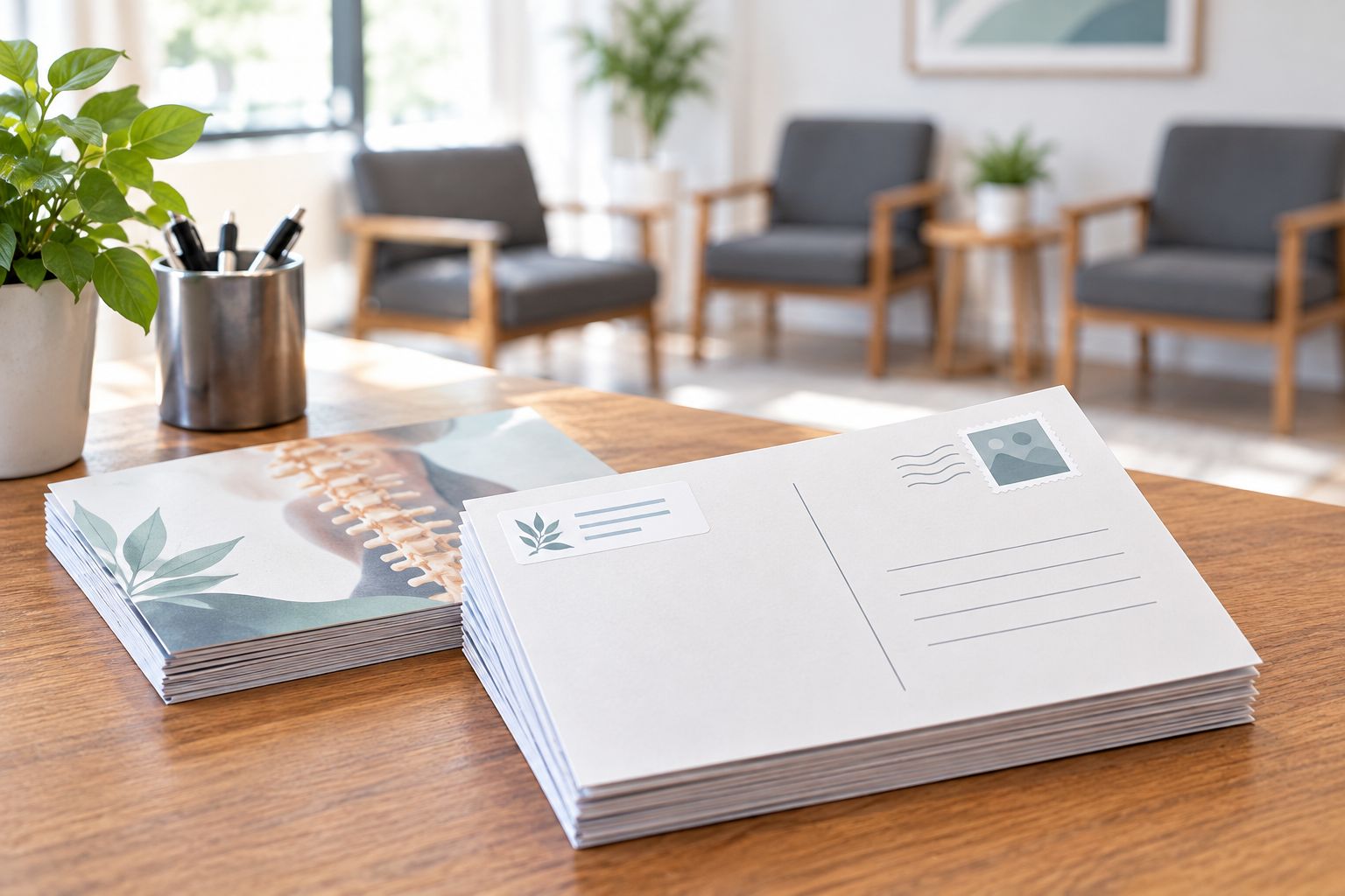 Stack of recall postcards on a chiropractic clinic front desk