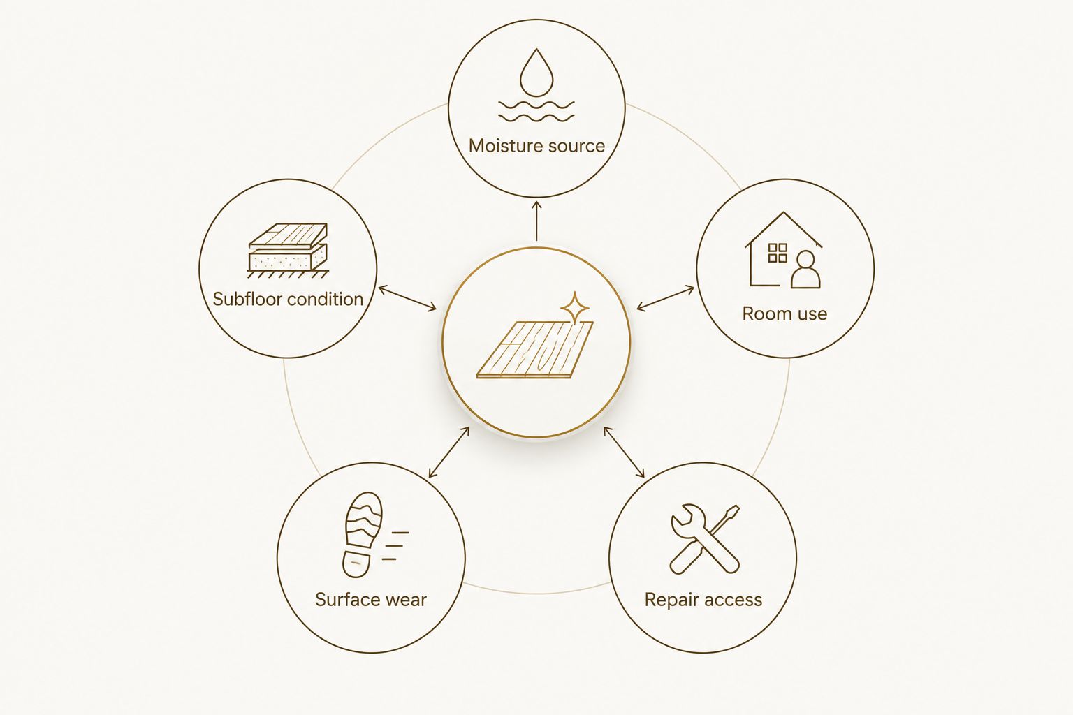 Five checks for choosing flooring: moisture, subfloor, room use, wear and repair access