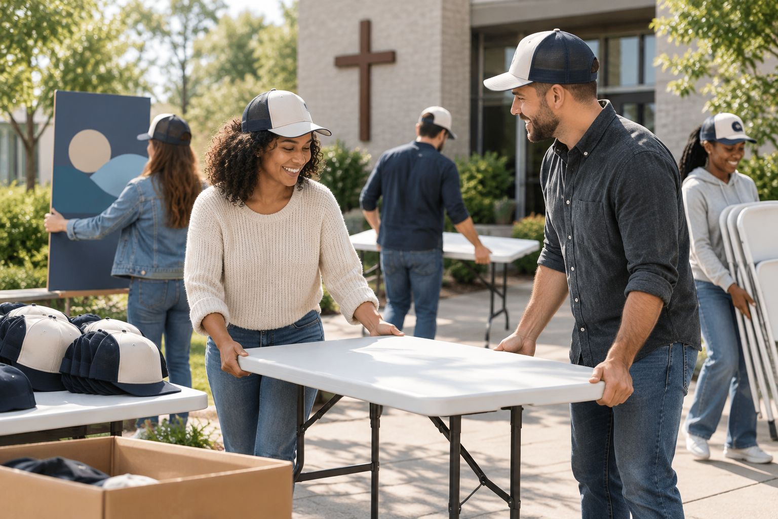 Church volunteers wearing matching caps while setting up an outdoor event