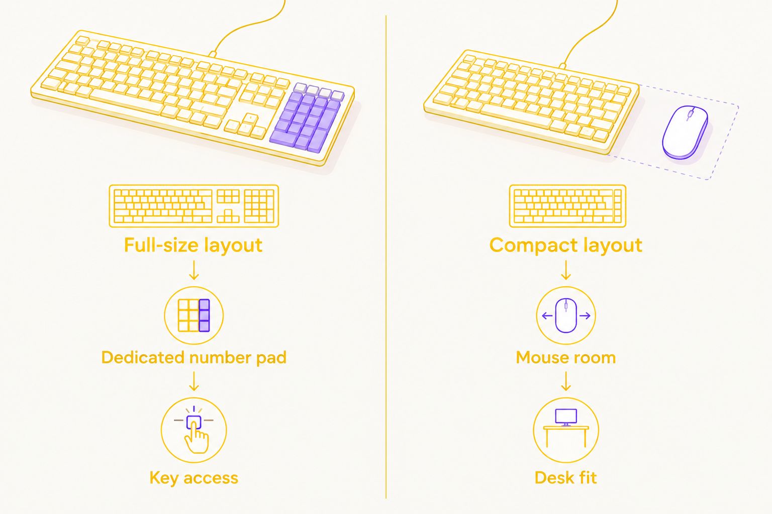 Full-size layout compared with compact layout for key access and mouse room