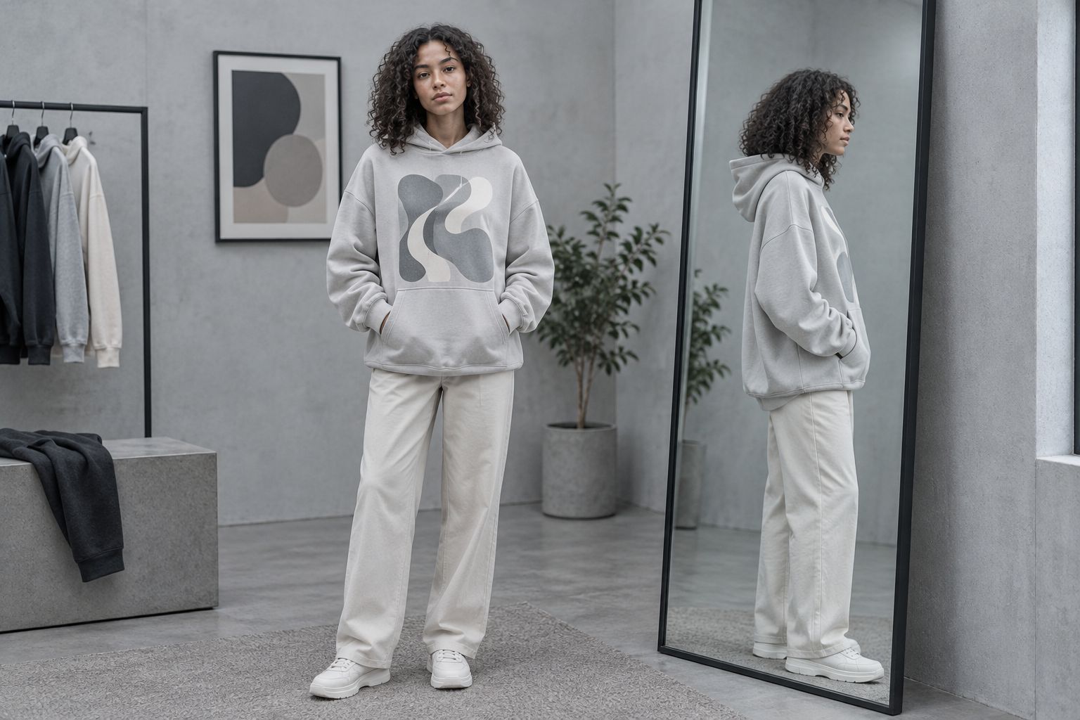 Front and side views of an oversized hoodie showing its shoulder, sleeve, and hem proportions
