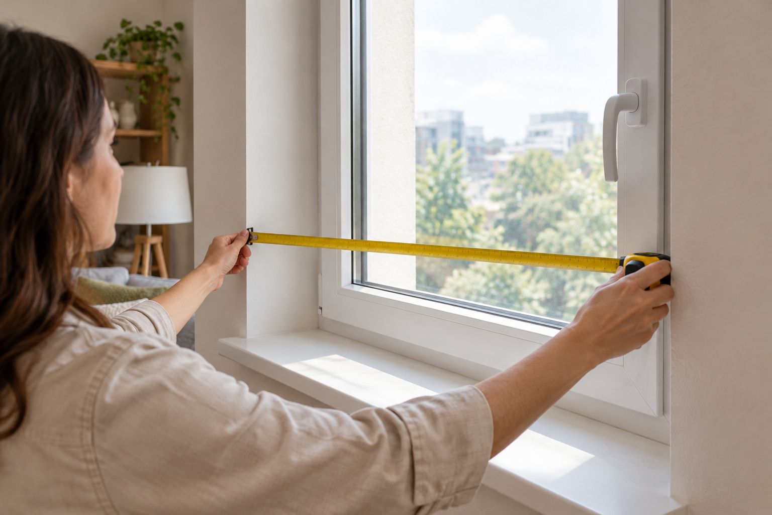 Window recess showing the trim and handle that affect blind placement