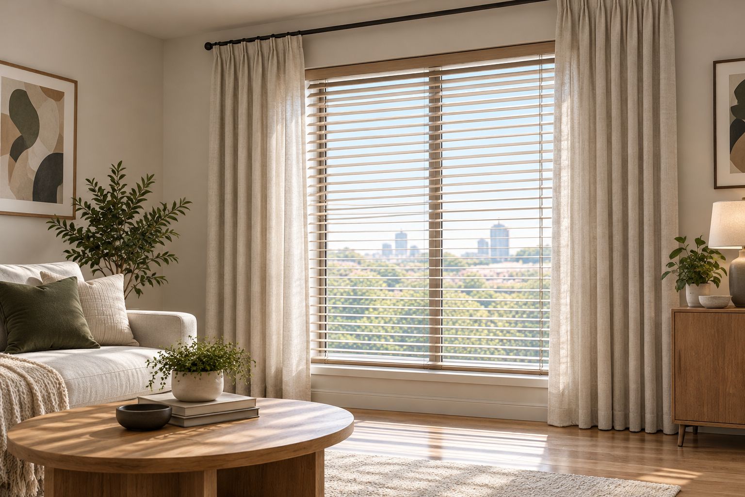 Horizontal blinds inside a window with drapes gathered beside the opening