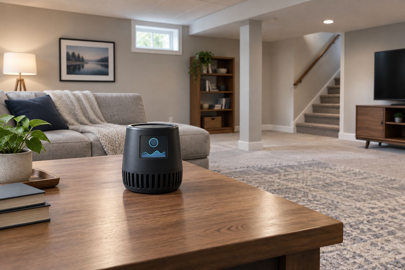 Radon monitor positioned away from basement windows, doors, vents, and heat
