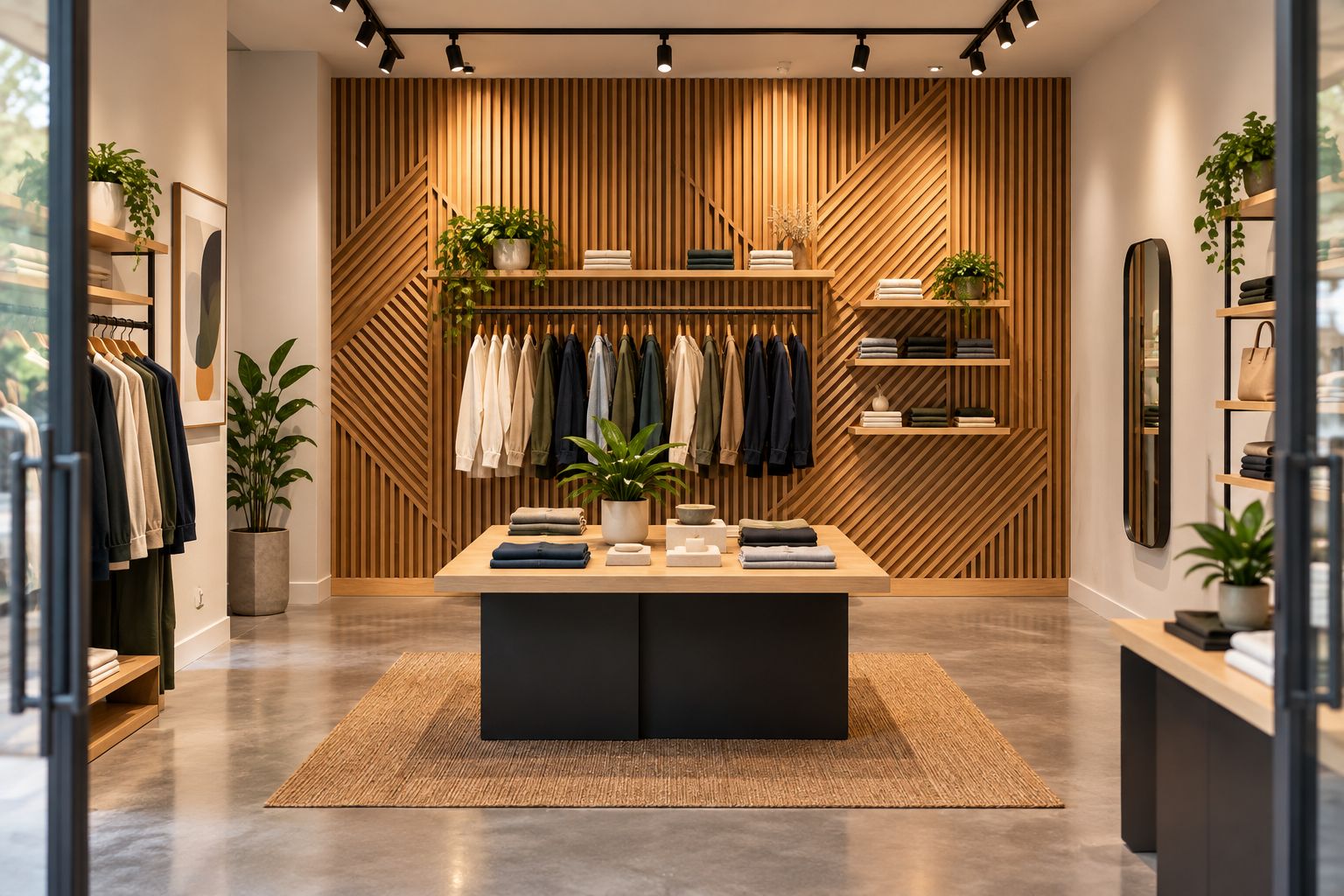Retail display with a geometric wood feature wall and plain adjacent walls