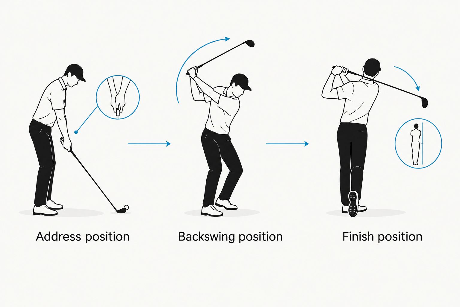 Three golf positions for checking a quarter zip's fit