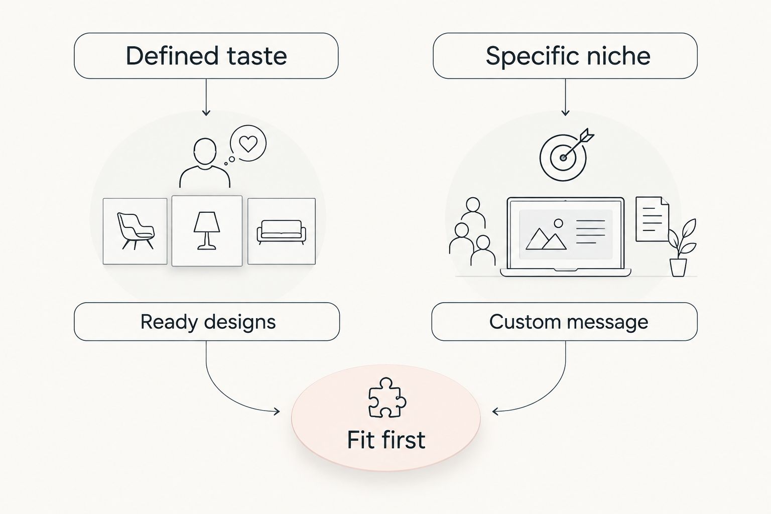 Shopping paths for defined taste, specific niches, custom messages, and fit-first decisions
