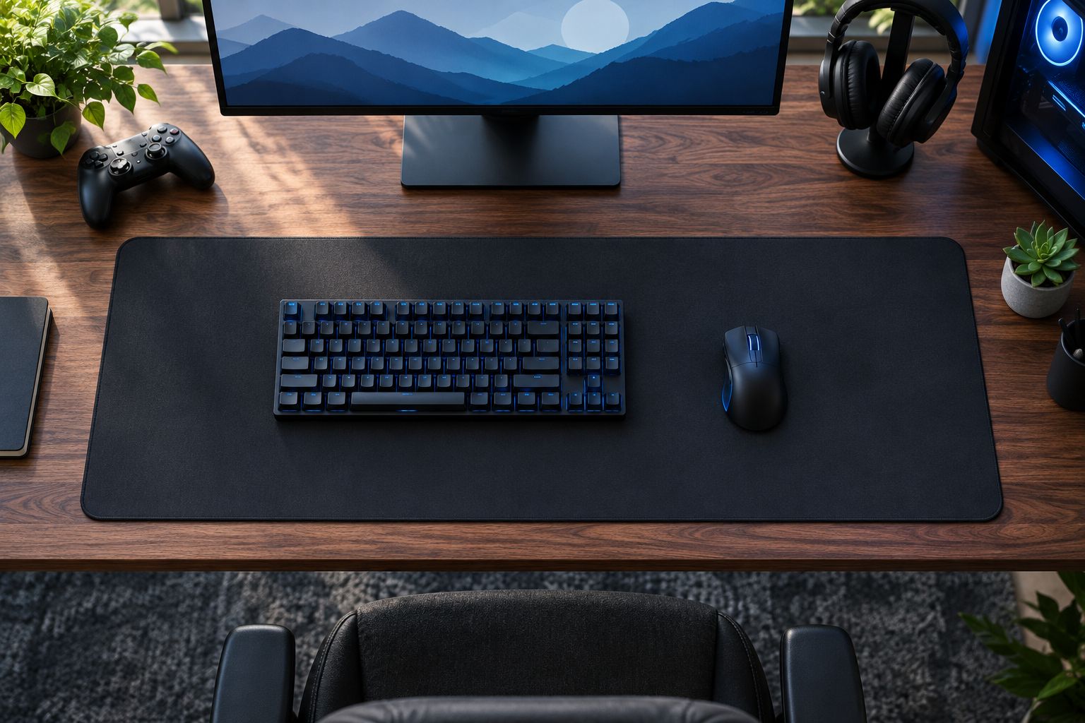 Top-down view showing mouse space beside a keyboard on an extended desk mat