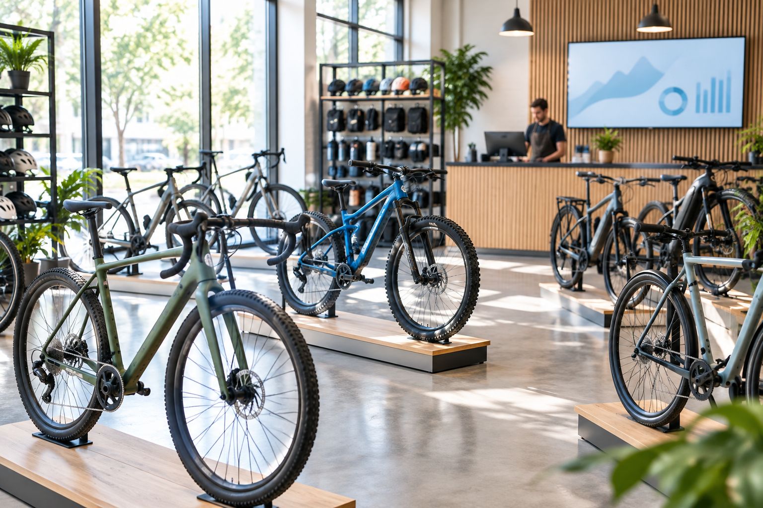 Cykelbutik showroom med flere cykeltyper udstillet