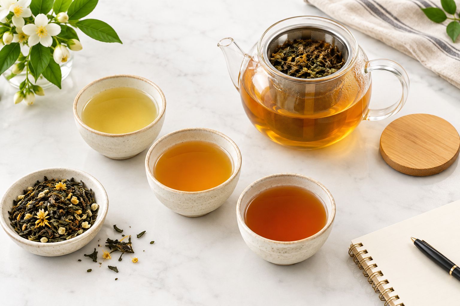 Tea tasting station with cups, loose leaves, and a removable infuser basket