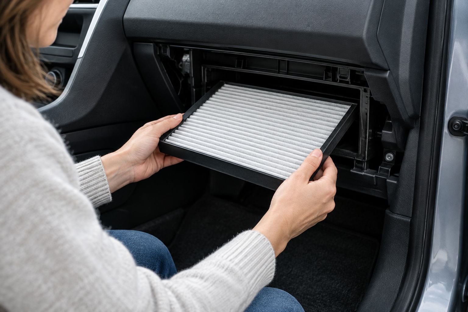 A cabin air filter aligned with the edges of its housing before the cover is replaced.