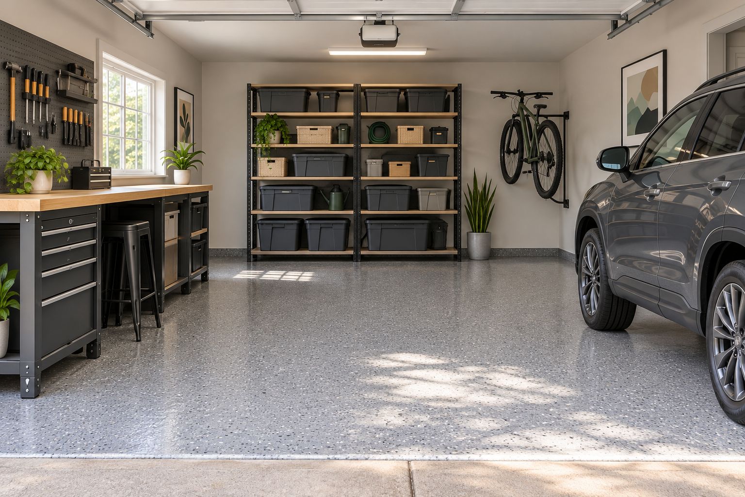 Residential garage showing a decorative floor, parked vehicle, and clear walking route