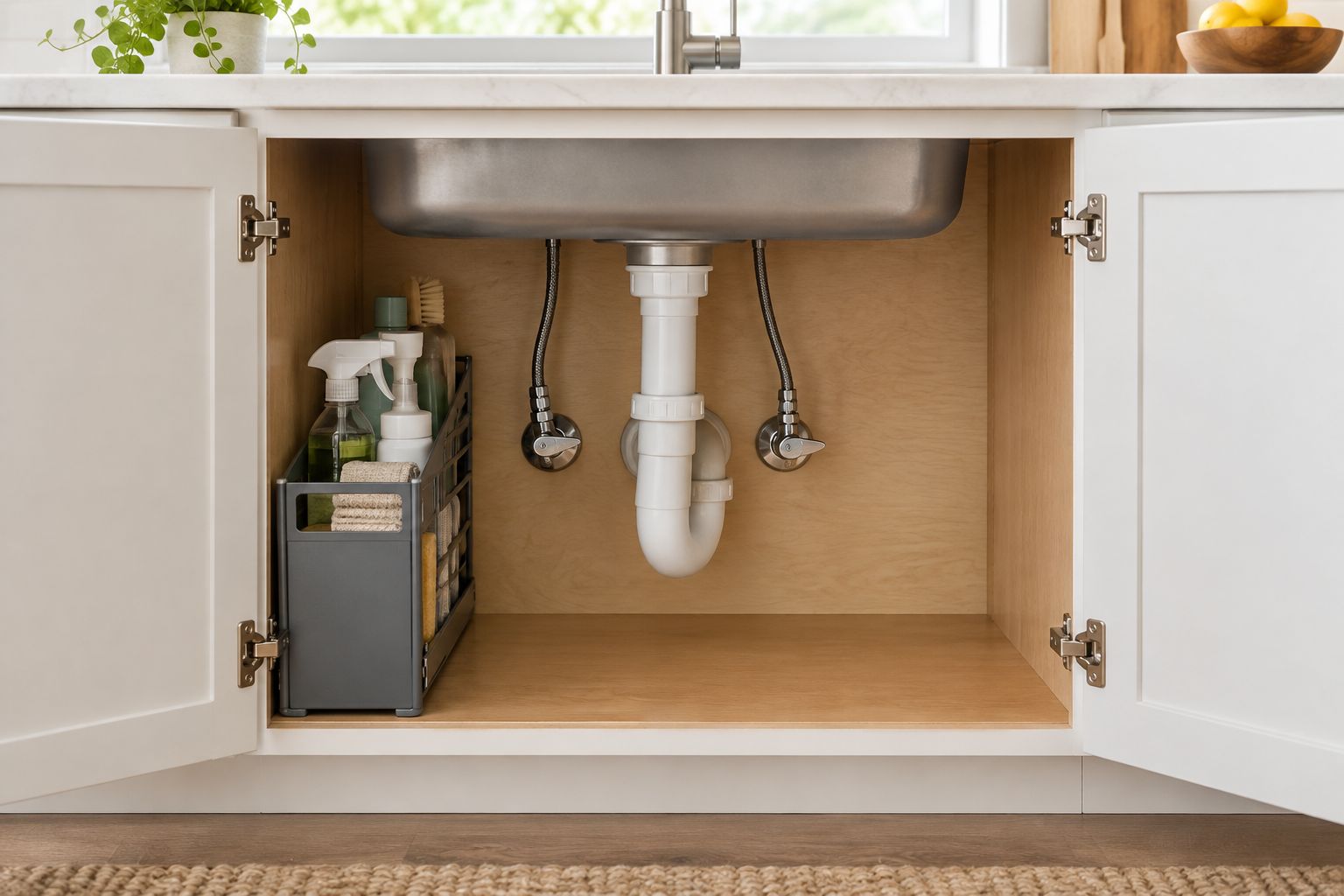 Removable basket beside under-sink plumbing with shutoff valves left accessible