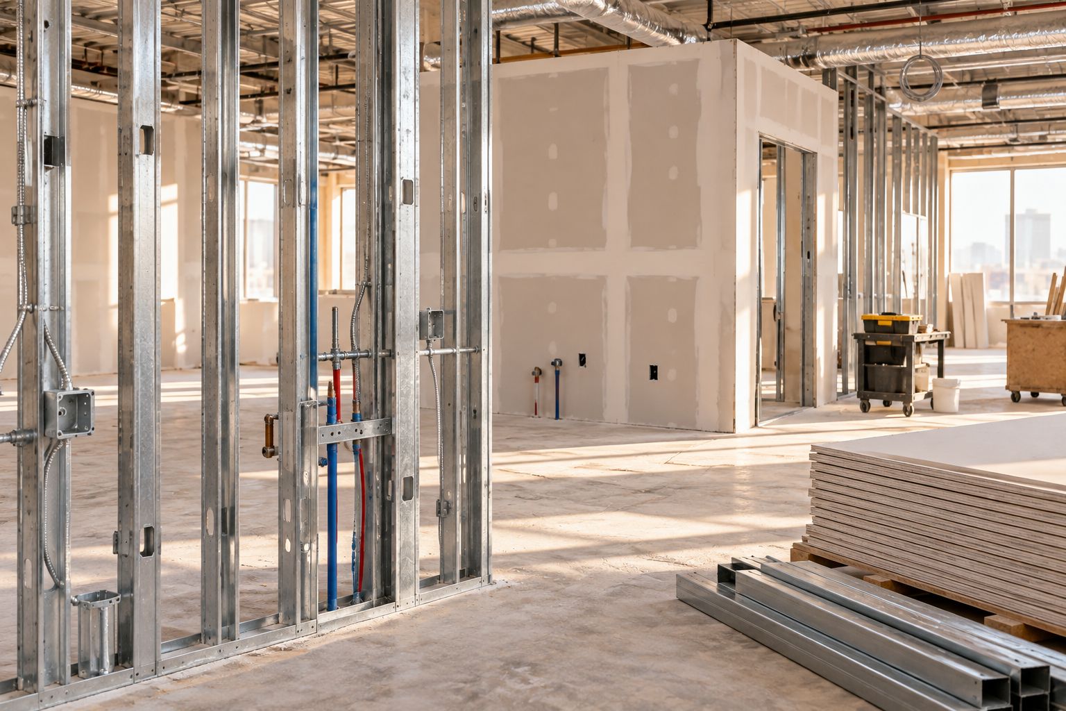 Open stud partitions beside installed drywall, showing service penetrations and access for material movement.