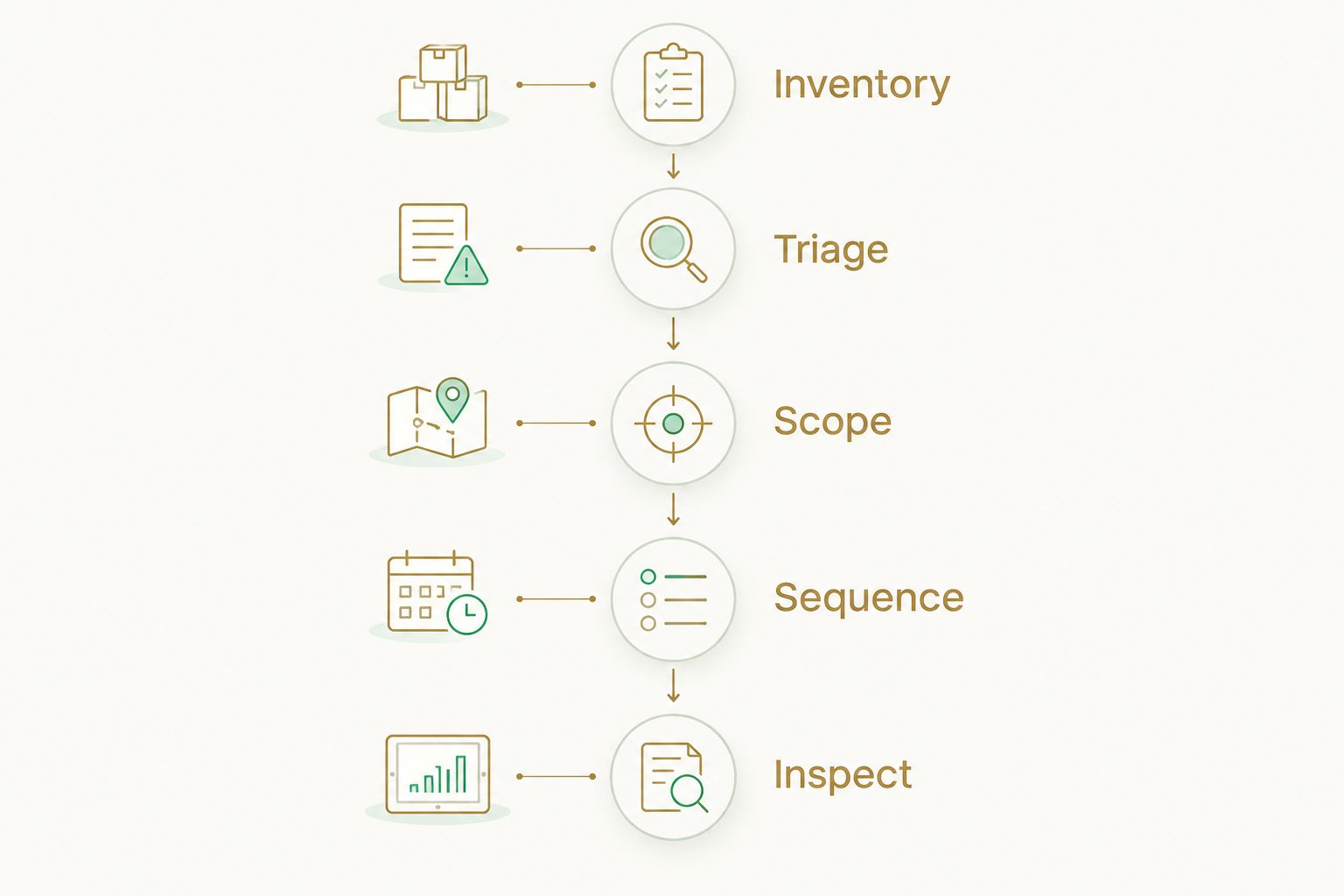 Five stages for preparing a pre-listing repair brief, from inventory through final inspection
