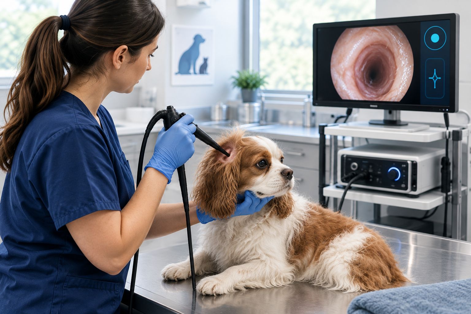 Veterinary technician preparing a small animal for an ear exam
