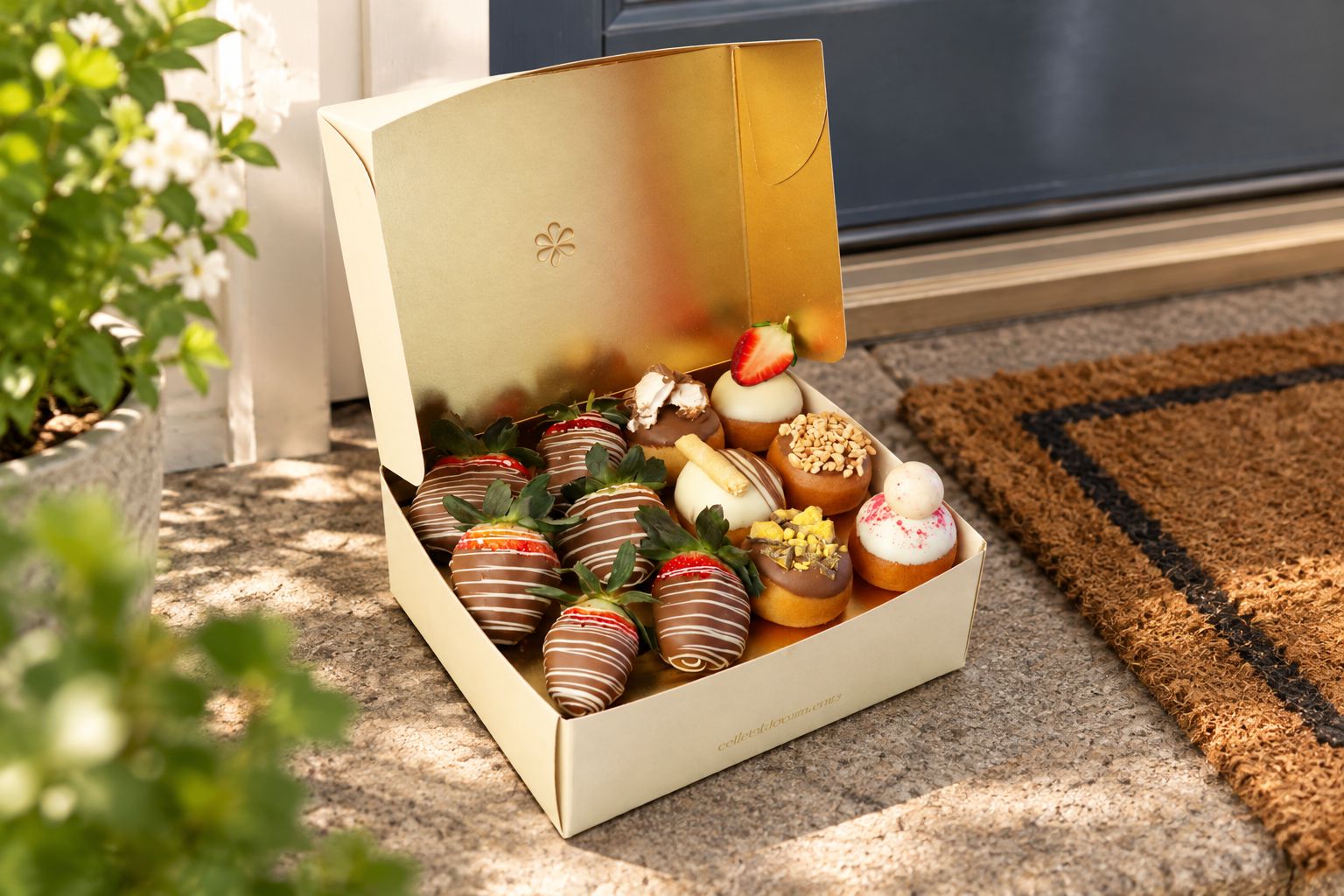 Gourmet donut and strawberry gift box delivered to a doorstep