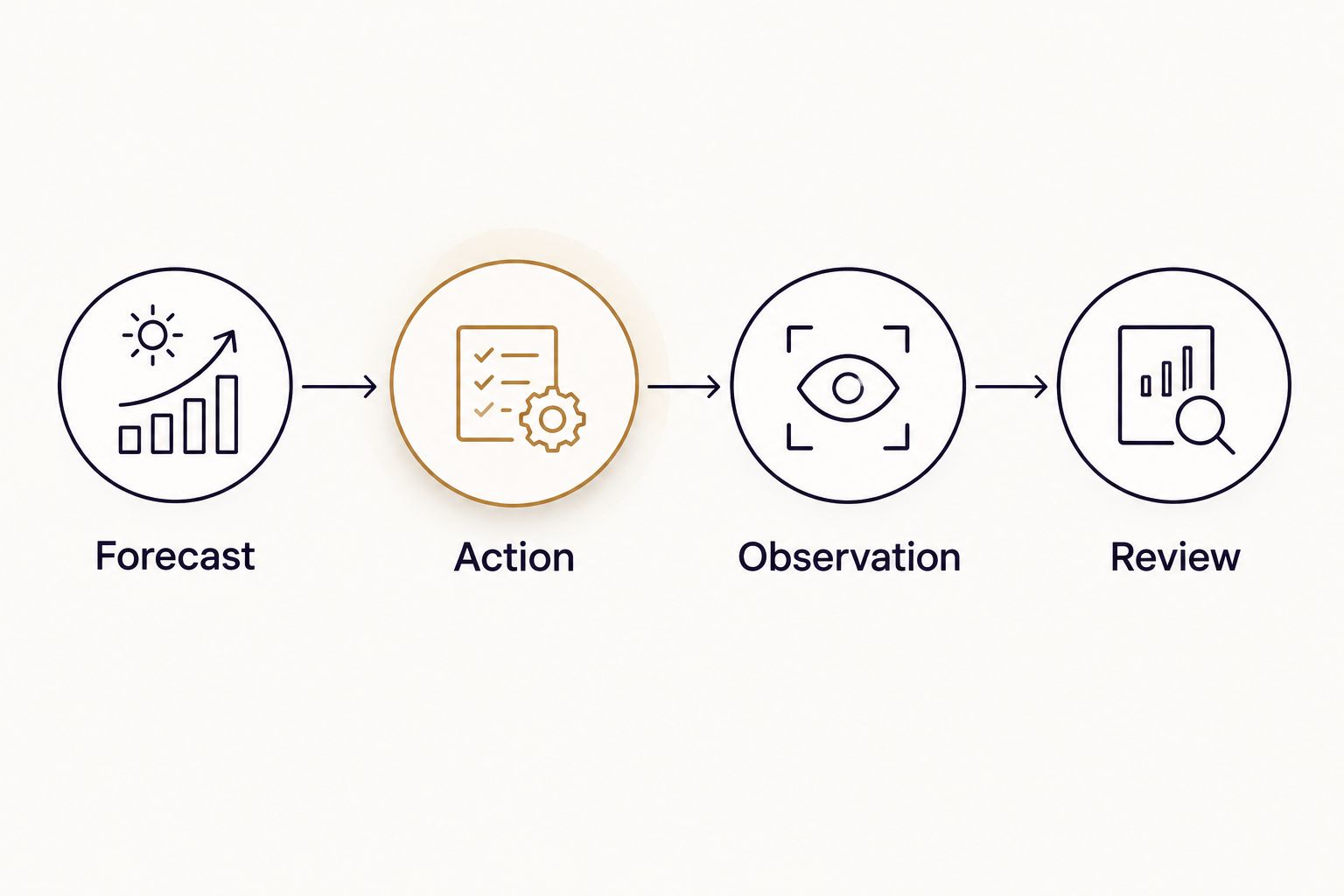 Four review stages separating a forecast from actions, observations, and interpretation