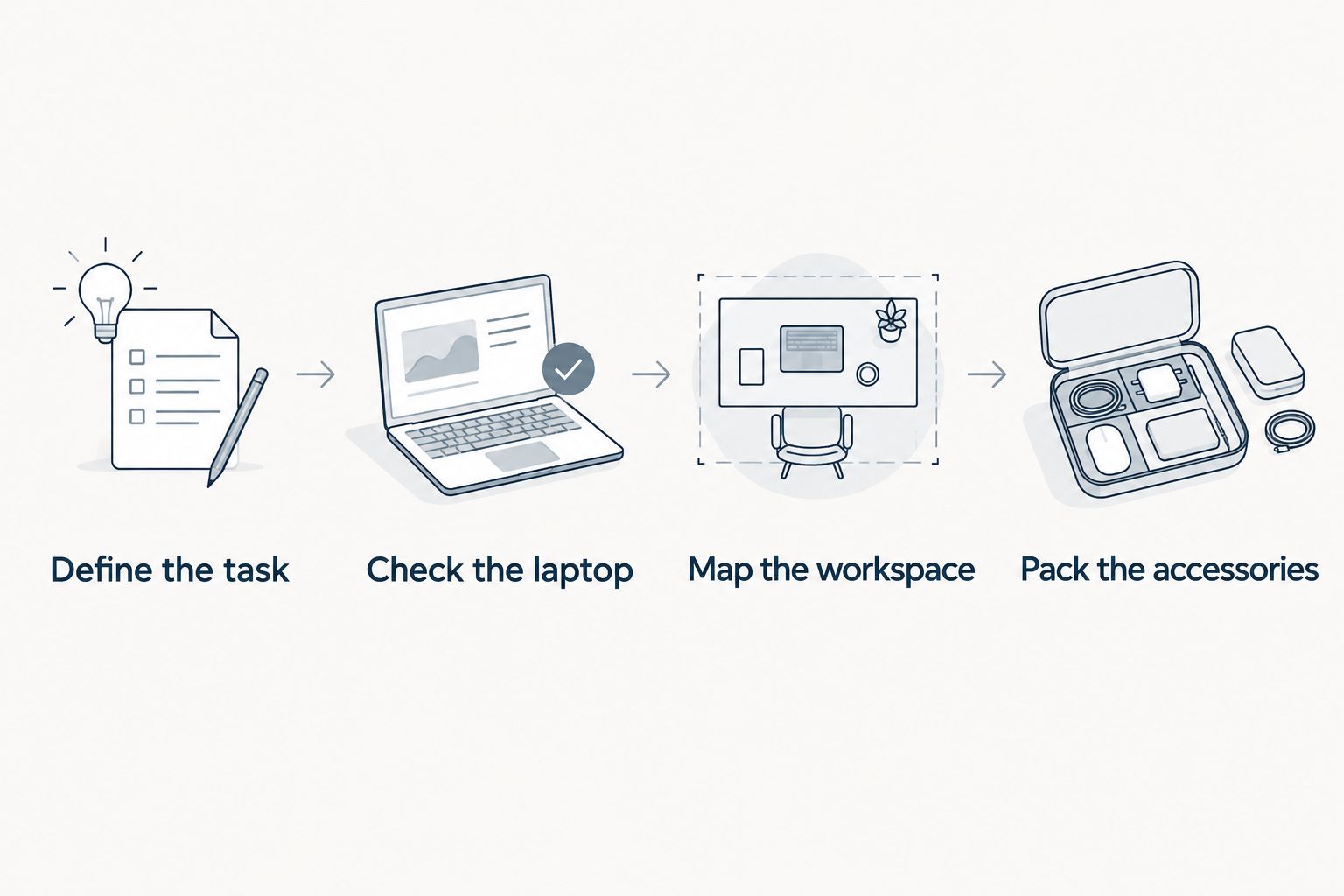 Four buying steps covering the task, laptop connections, workspace, and packed accessories