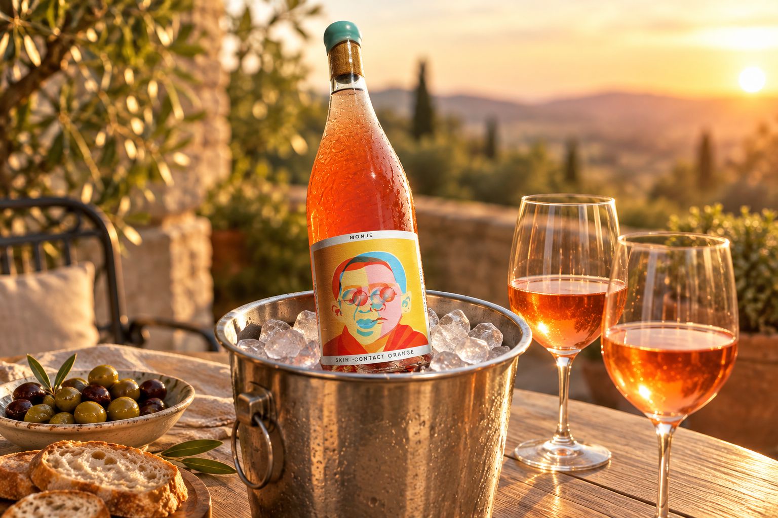Monje orange wine chilling in an ice bucket on a patio table