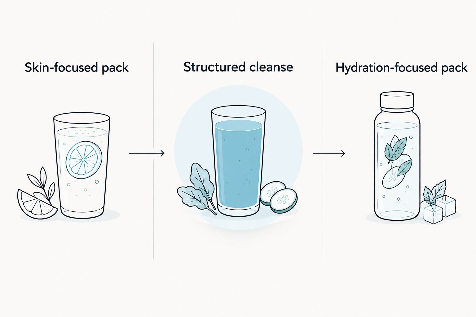 Three paths for choosing a skin-focused pack, structured cleanse or hydration-focused pack
