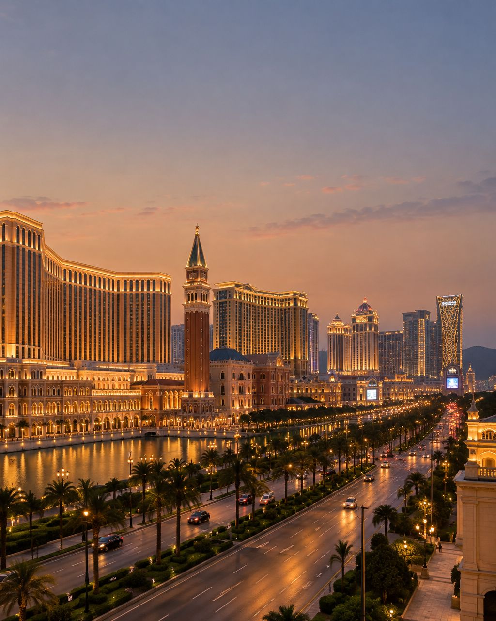 Cotai strip resort avenue in Macau at dusk with golden lights