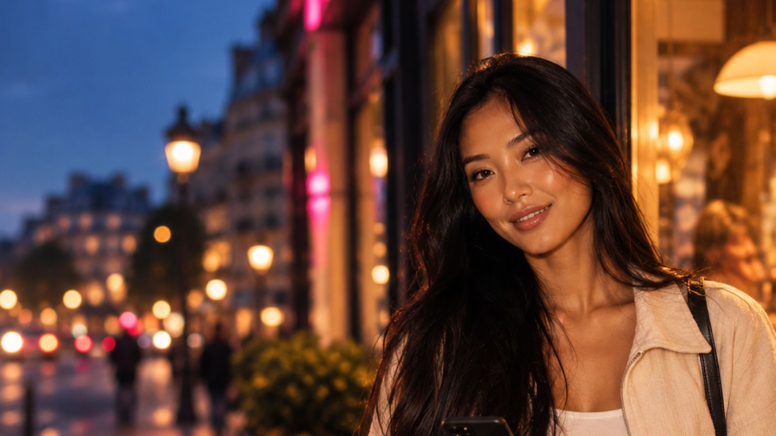 Creator beside a warmly lit cafe, with her full face and shoulders comfortably framed