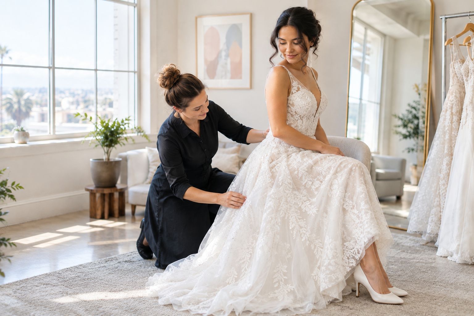 A bride checks seated comfort in a wedding gown while wearing her wedding shoes