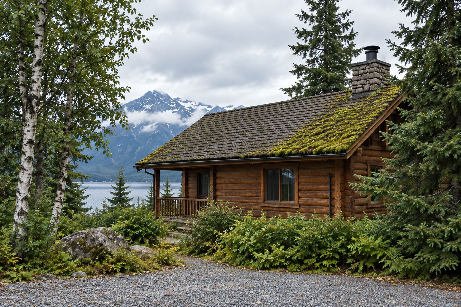 Shaded Alaska cabin roof with moss visible from the ground